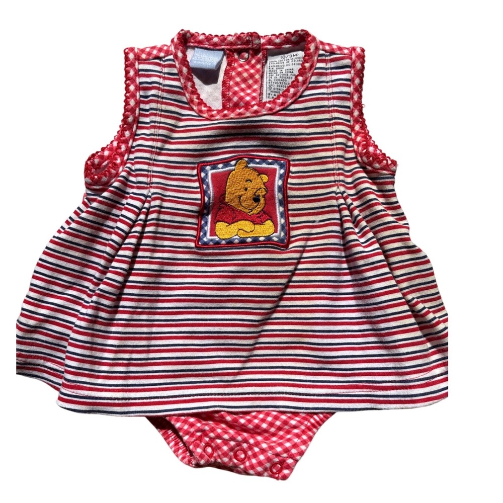 Vintage Disney Winnie the Pooh Baby Girl Romper‎ Dress Red Striped Gingham 0-3M